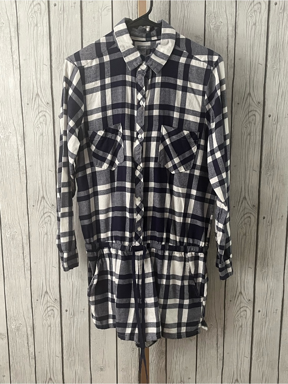 Aerie Romper Womens Large Blue Plaid Flannel Button Up Long Sleeves Pockets